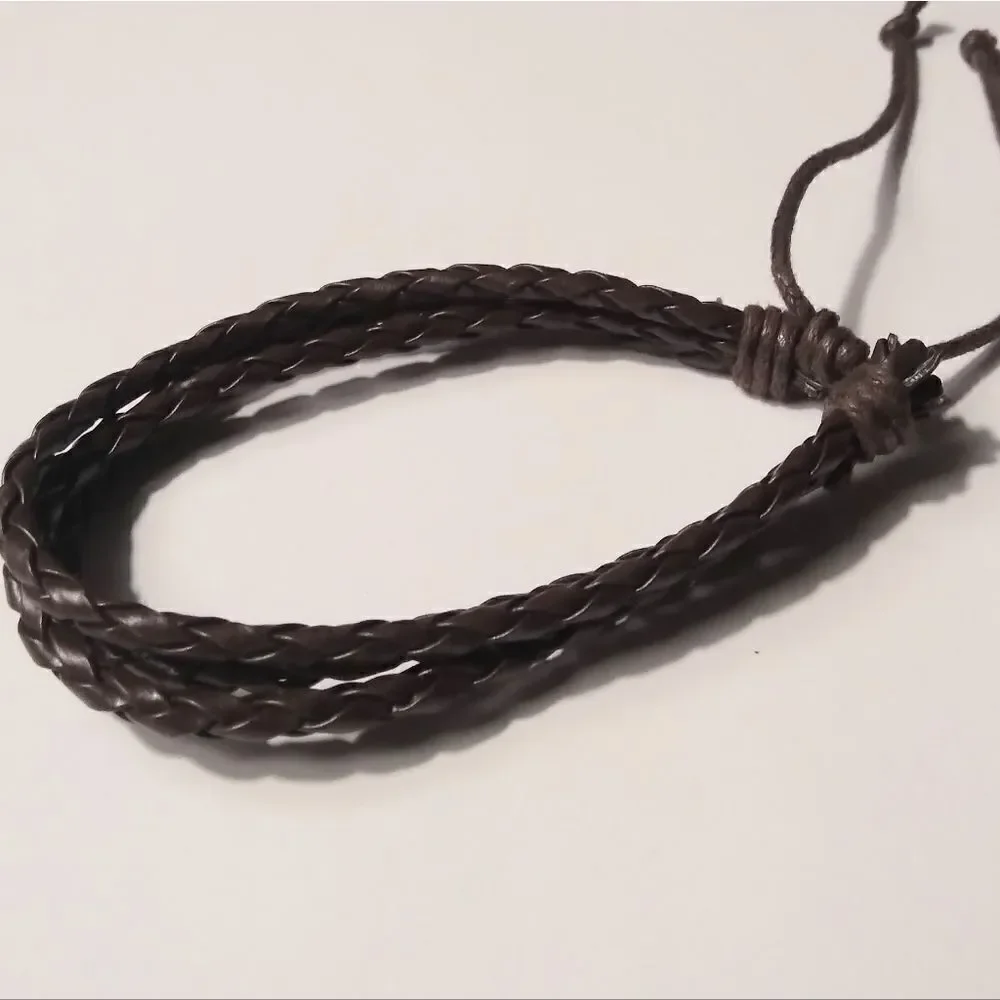 Men's leather bracelet braided layered black New d5